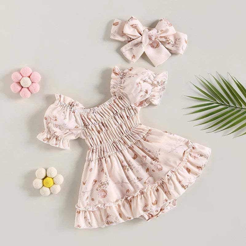 Floral Print Ruffle Romper with Matching Bow