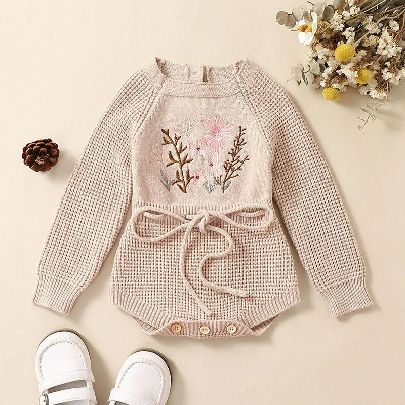 Knit Romper with Flower Embroidery