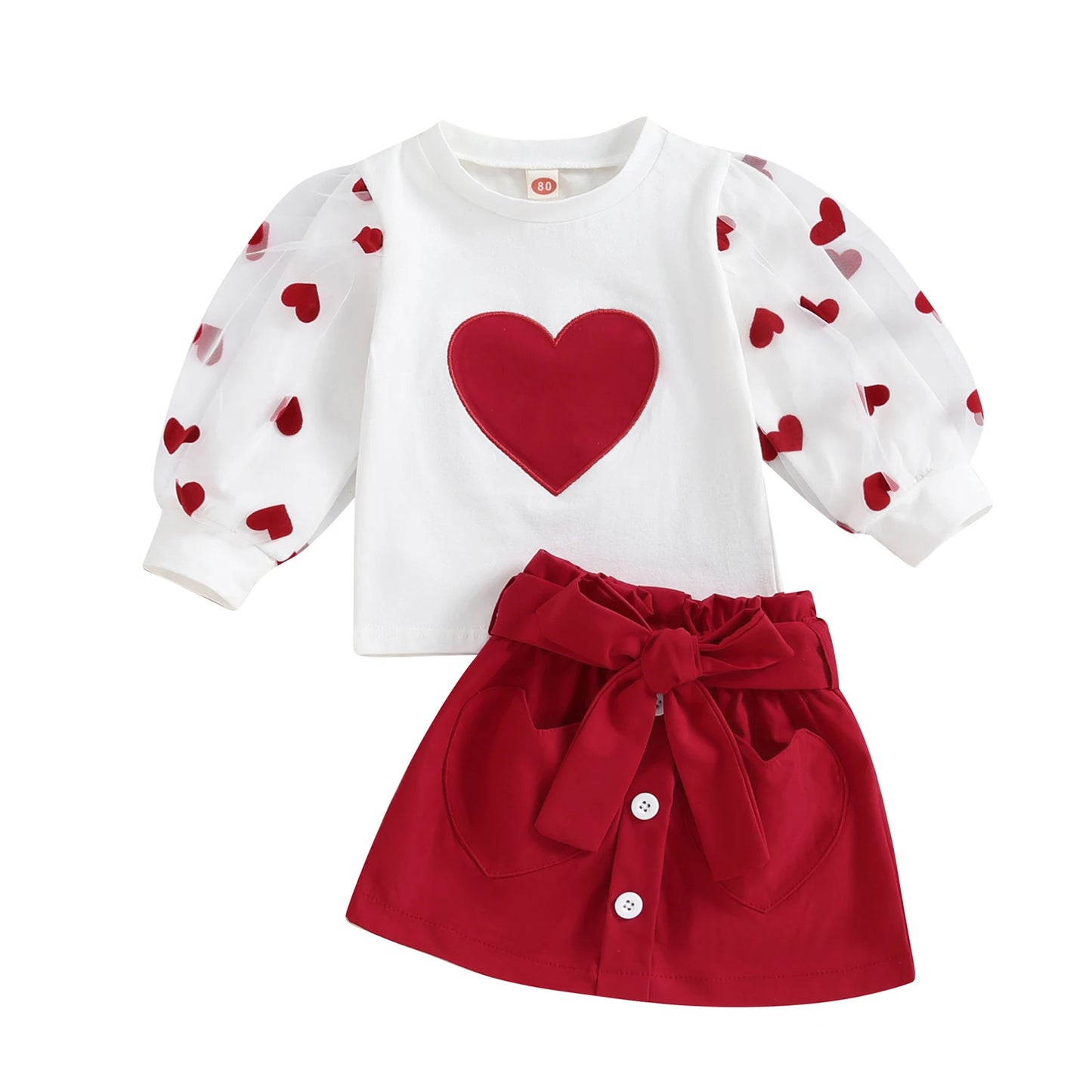 White Heart Top with Mesh Sleeves and Red Skirt