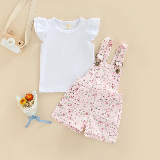 Girls Floral Dungaree Shorts & Tshirt Set