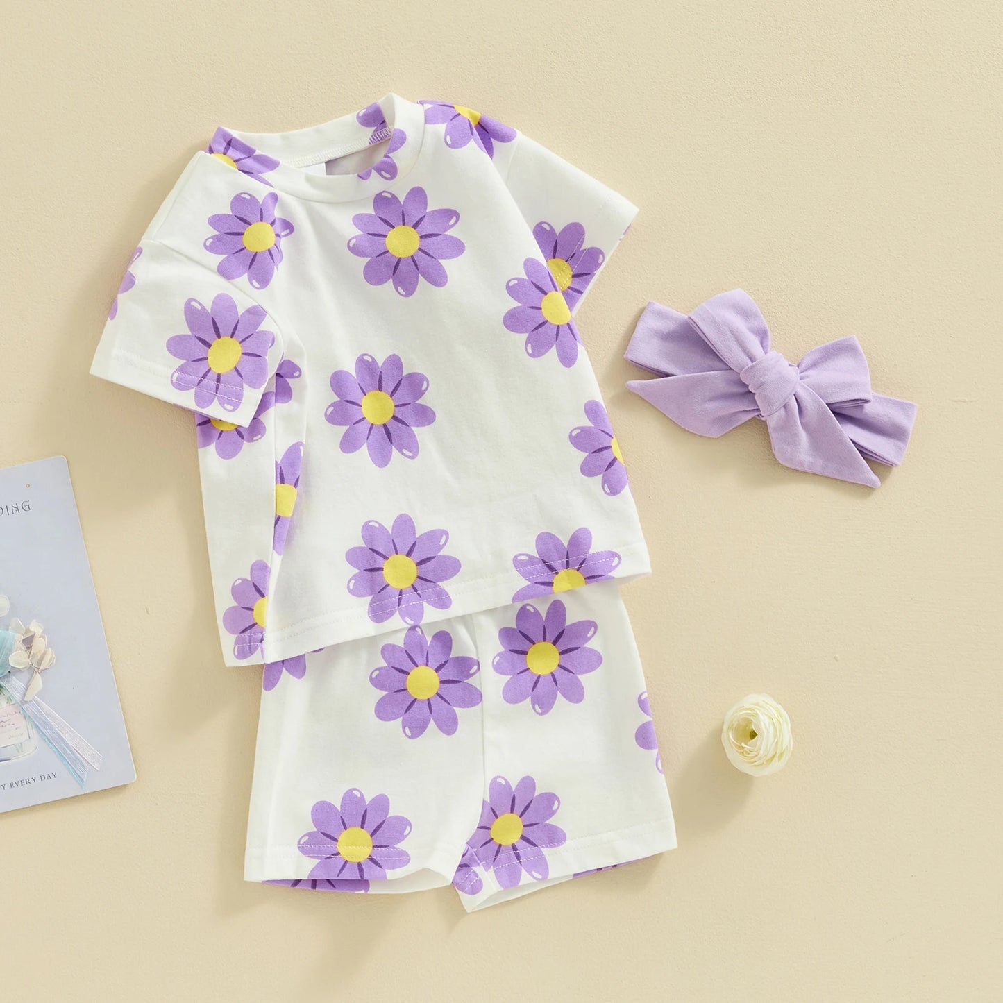 Flower Print T Shirt & Shorts Set with Headband