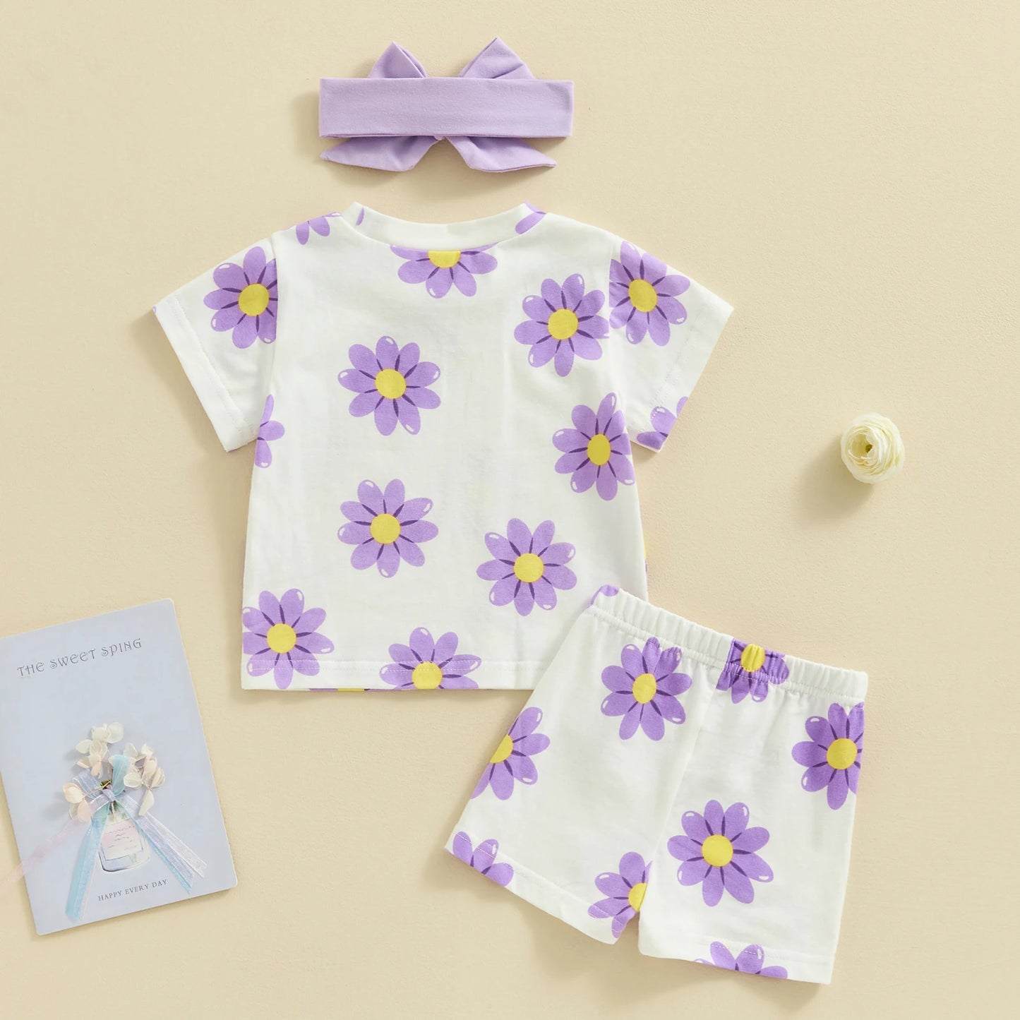 Flower Print T Shirt & Shorts Set with Headband