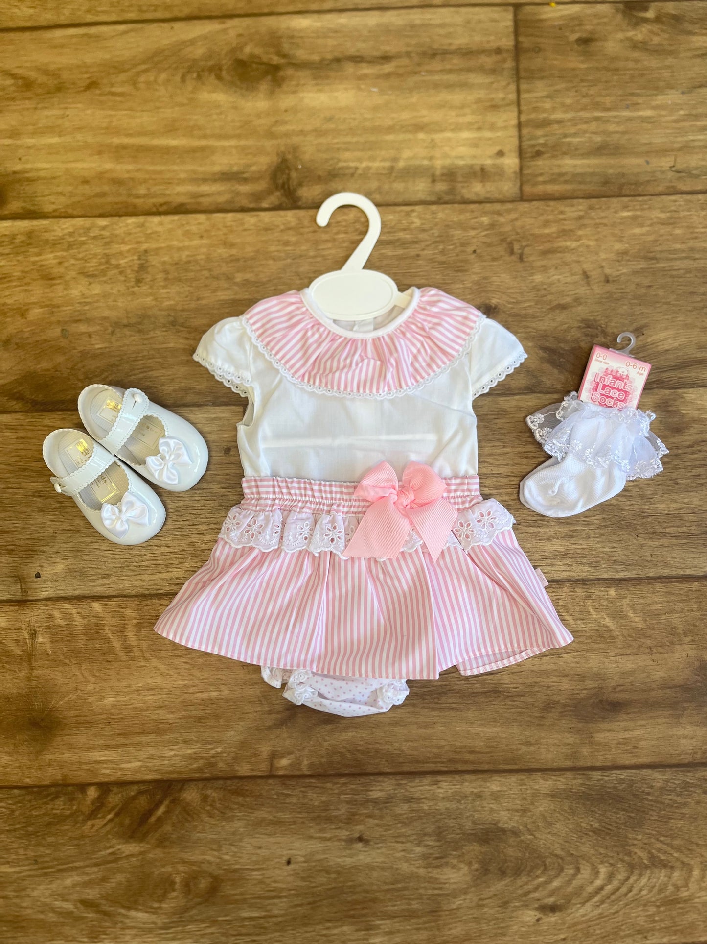 Pink and White Striped Skirt and Shirt Set