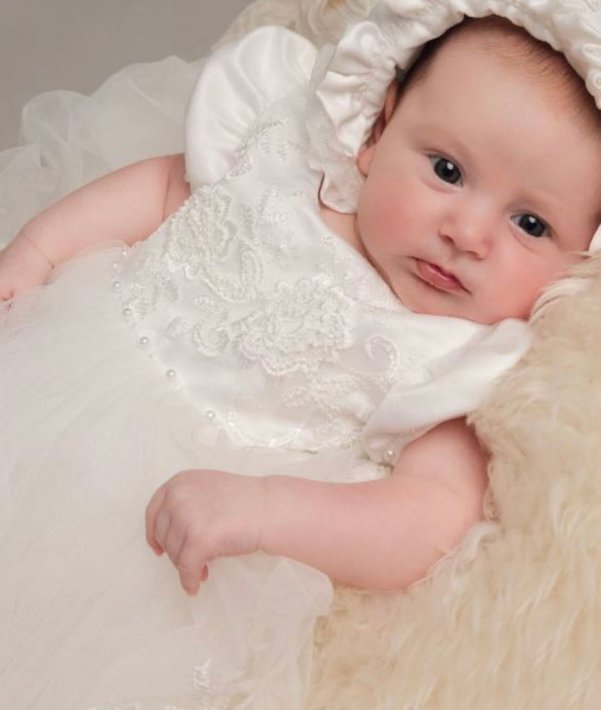 White Full Length Christening Gown with Hat