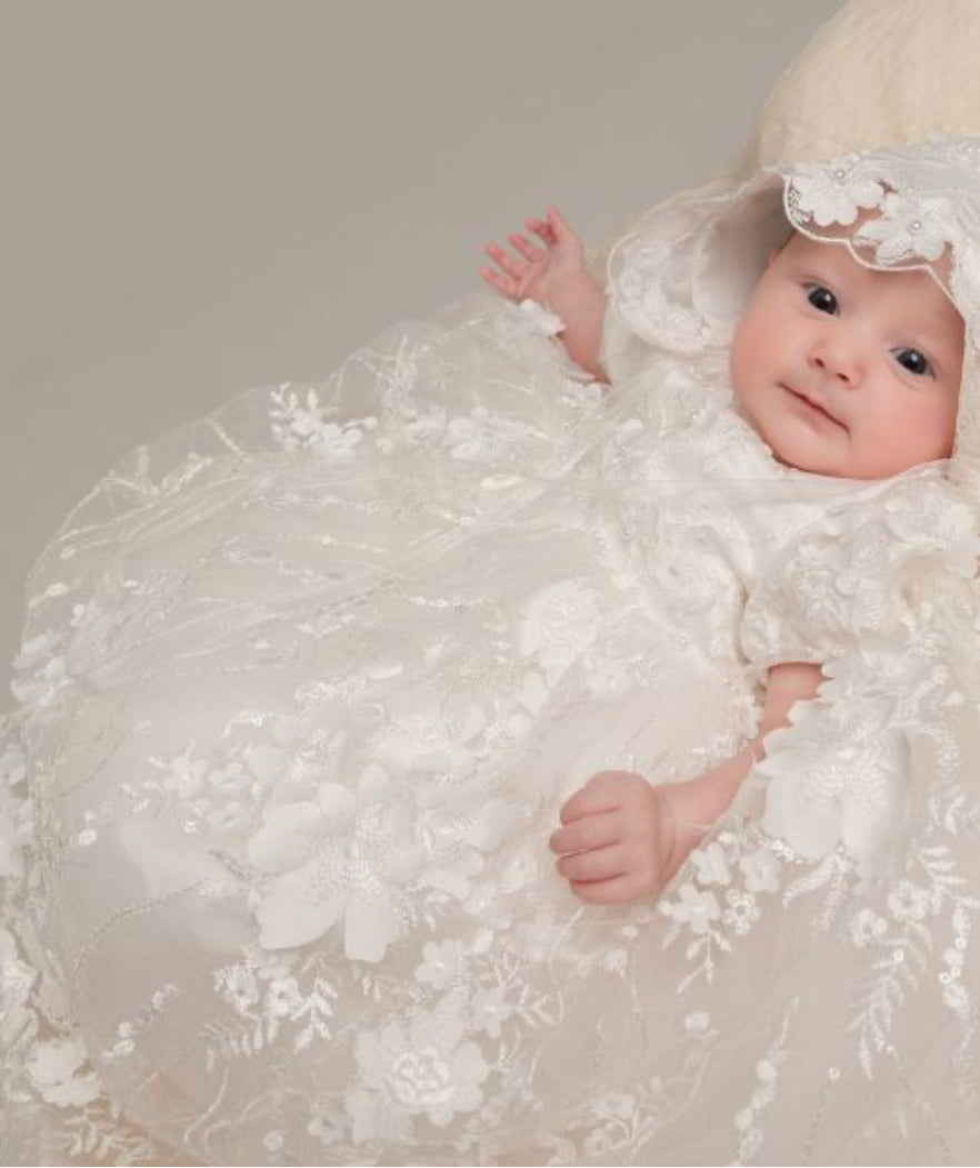 Floral Pearl White Christening Gown