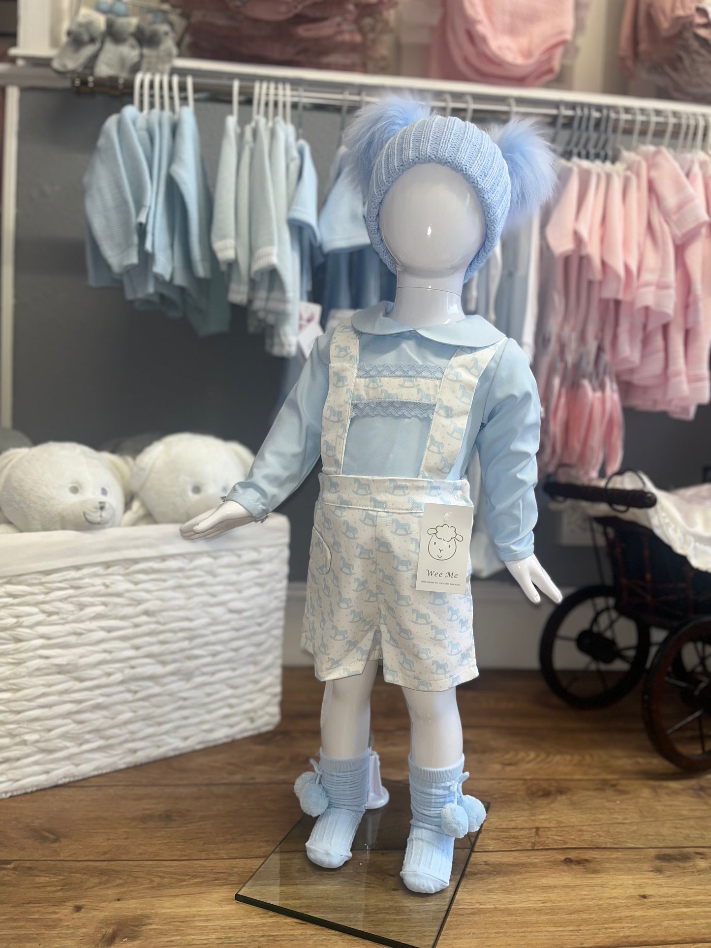 Baby Blue and White “Rocking Horse” Dungaree Outfit Set