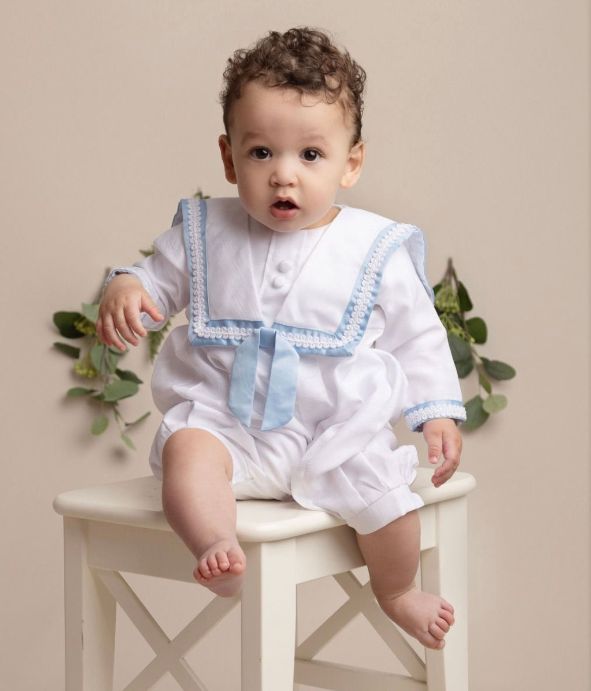 “William” Christening Suit - White with Blue