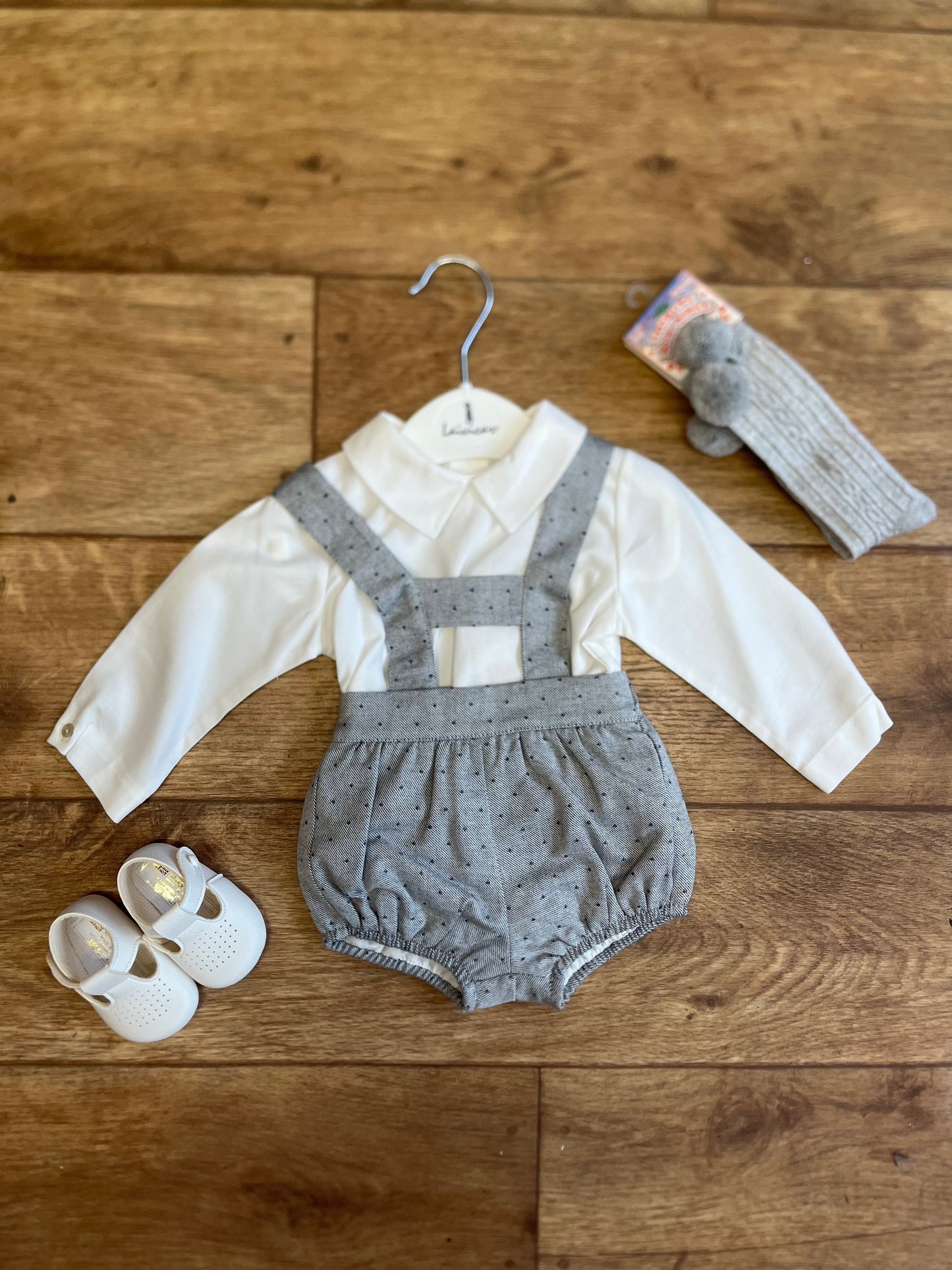 Grey Dungaree Romper with White Shirt