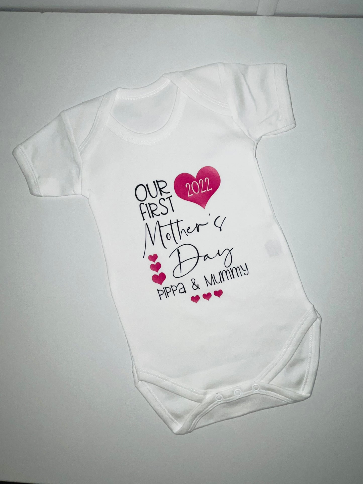 Our First Mother’s Day Vest - Black and Hot Pink Heart Design