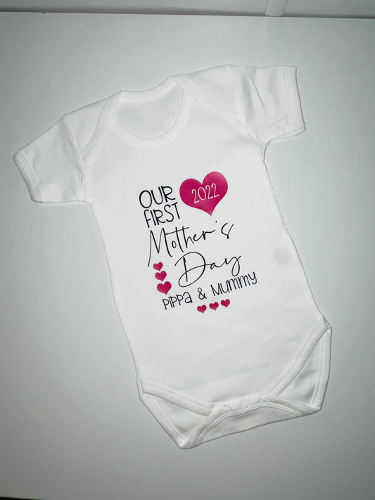 Our First Mother’s Day Vest - Black and Hot Pink Heart Design