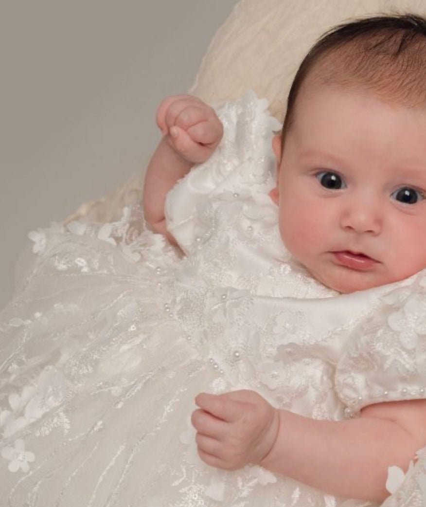 Floral Pearl White Christening Gown