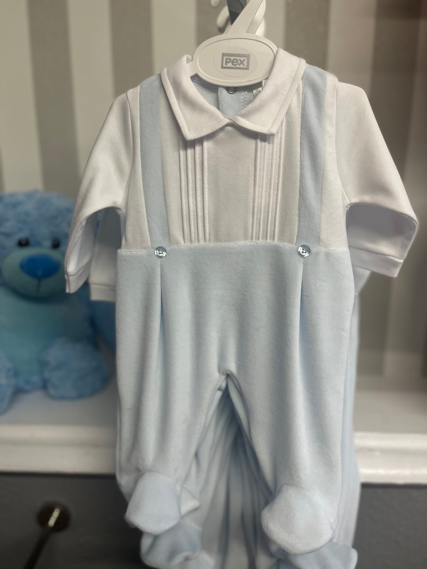 Baby Blue “Suspender” Velour Sleepsuit